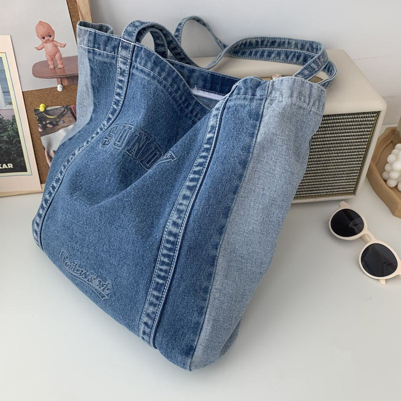 Kylethomasw Denim Tote Bag Women Designer Handbag 2022 Girl Shopper Fashion Casual Embroidered Letters Large Capacity Schoolbag Shoulder Bag