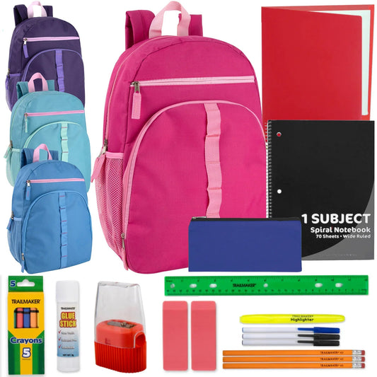 17" Daisy Chain Backpack with 20-Piece School Supplies Kit - 4 Colors