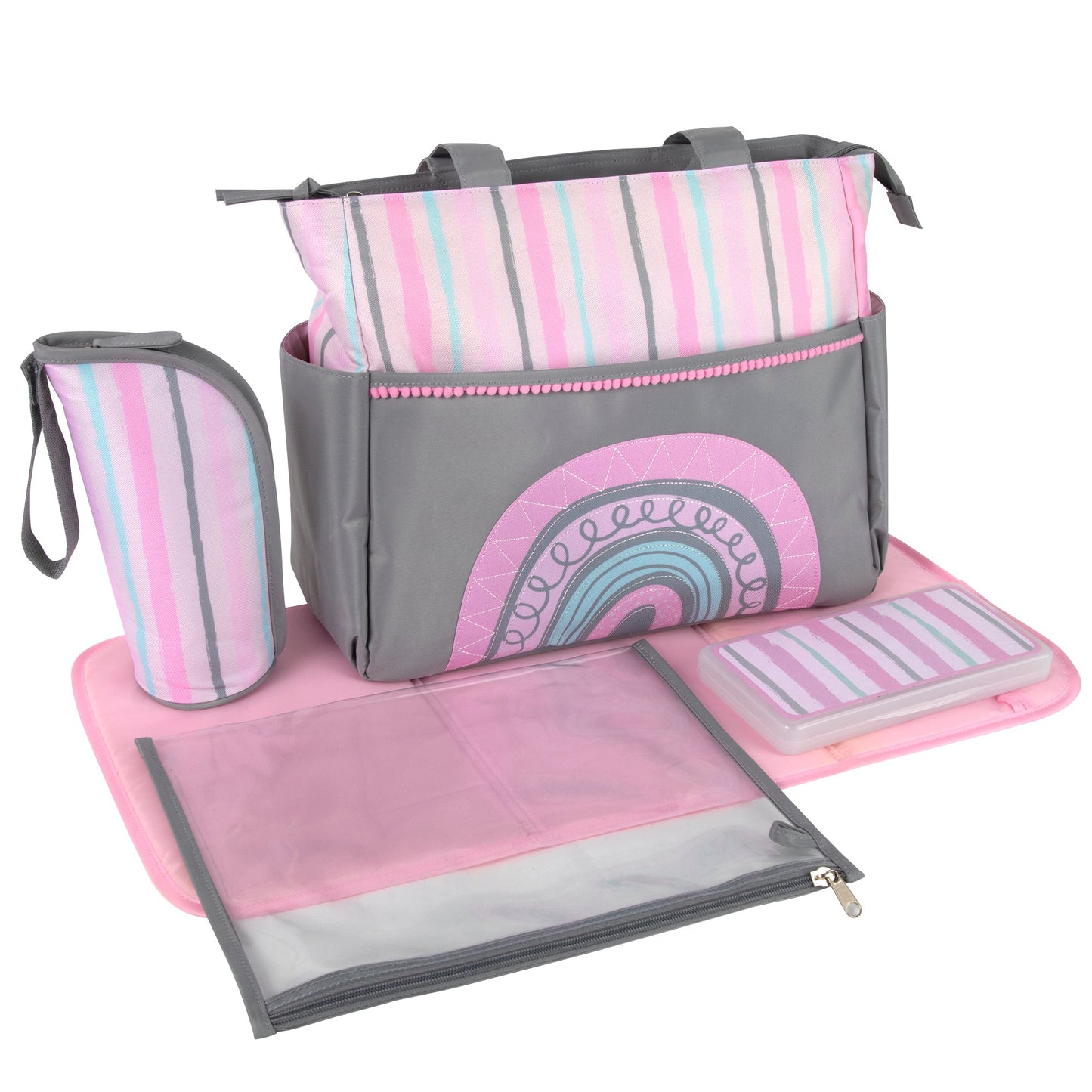 Baby Essentials Diaper Bag Tote 5 Piece Set Pink Rainbow Themed