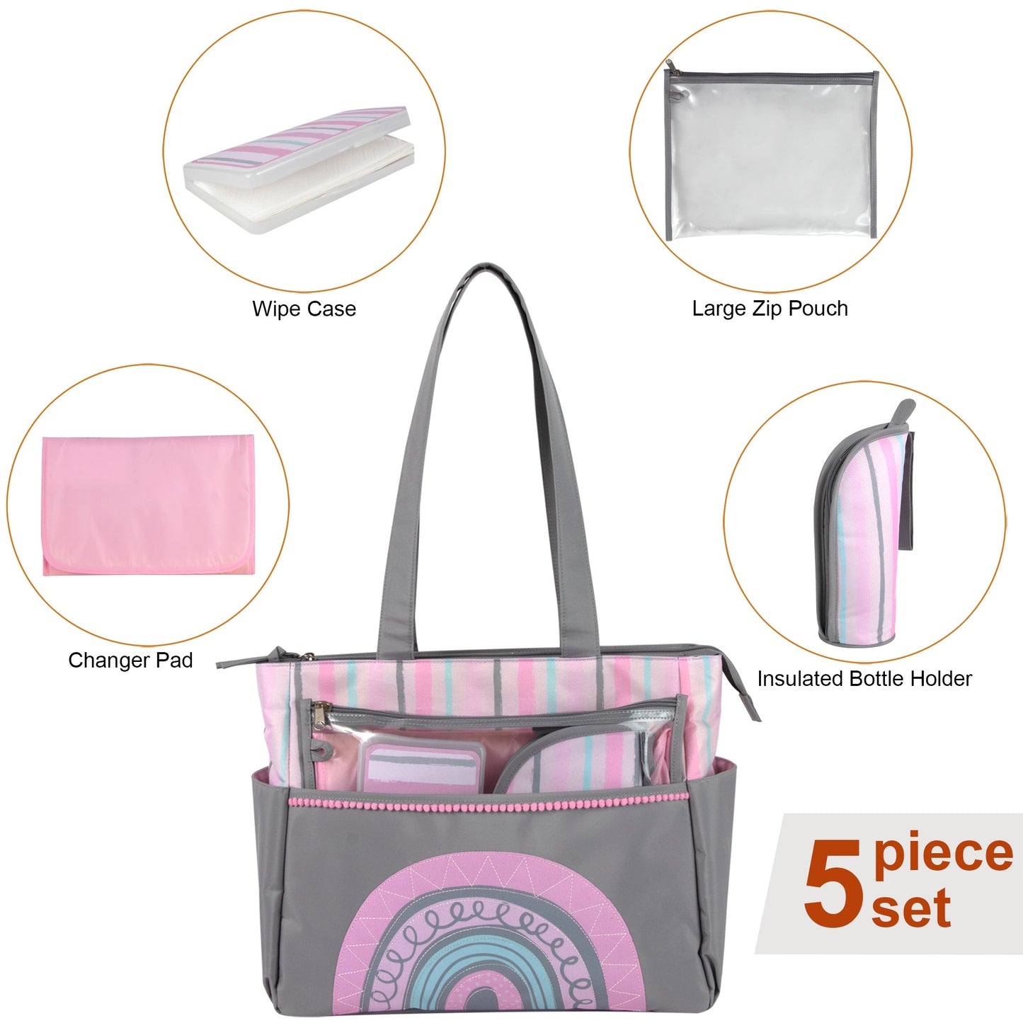 Baby Essentials Diaper Bag Tote 5 Piece Set Pink Rainbow Themed