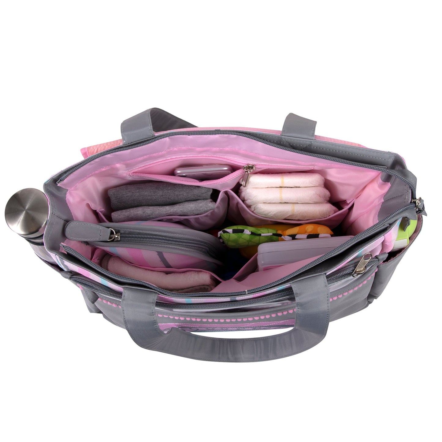 Baby Essentials Diaper Bag Tote 5 Piece Set Pink Rainbow Themed