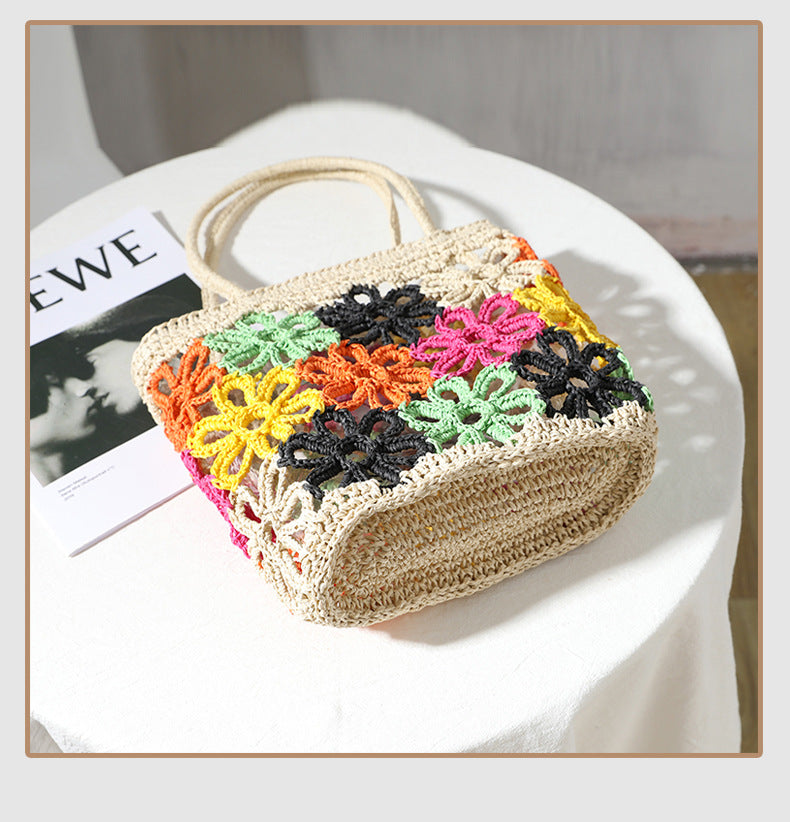 Bohemian Hollow Flower Woven Tote Bags For Women Summer Colors Flowers Straw Shoulder Bag Women's Bag Beach Straw Women Handbags