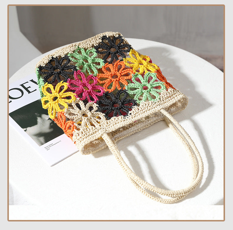 Bohemian Hollow Flower Woven Tote Bags For Women Summer Colors Flowers Straw Shoulder Bag Women's Bag Beach Straw Women Handbags