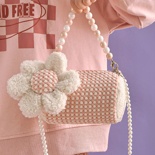 Winter Fur Plush Bucket Bag For Women Flower Design Flora Handbag Female Beading Crossbody Bag Ladies High Quality Lovely Purses
