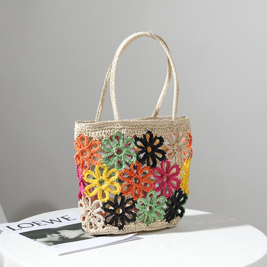Bohemian Hollow Flower Woven Tote Bags For Women Summer Colors Flowers Straw Shoulder Bag Women's Bag Beach Straw Women Handbags
