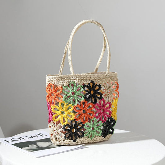Bohemian Hollow Flower Woven Tote Bags For Women Summer Colors Flowers Straw Shoulder Bag Women's Bag Beach Straw Women Handbags