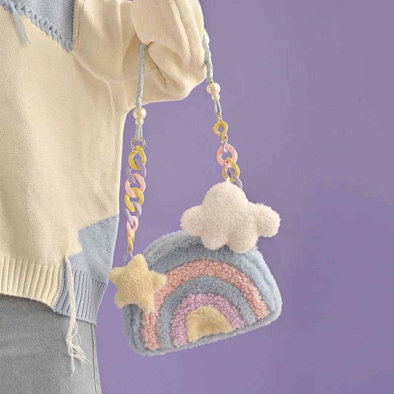 Rainbow Purses and Handbags for Women 2022 Plush Shopper Acrylic Chain Cloud Pendant Girls Pearl Wallets Shoulder Crossbody Bags
