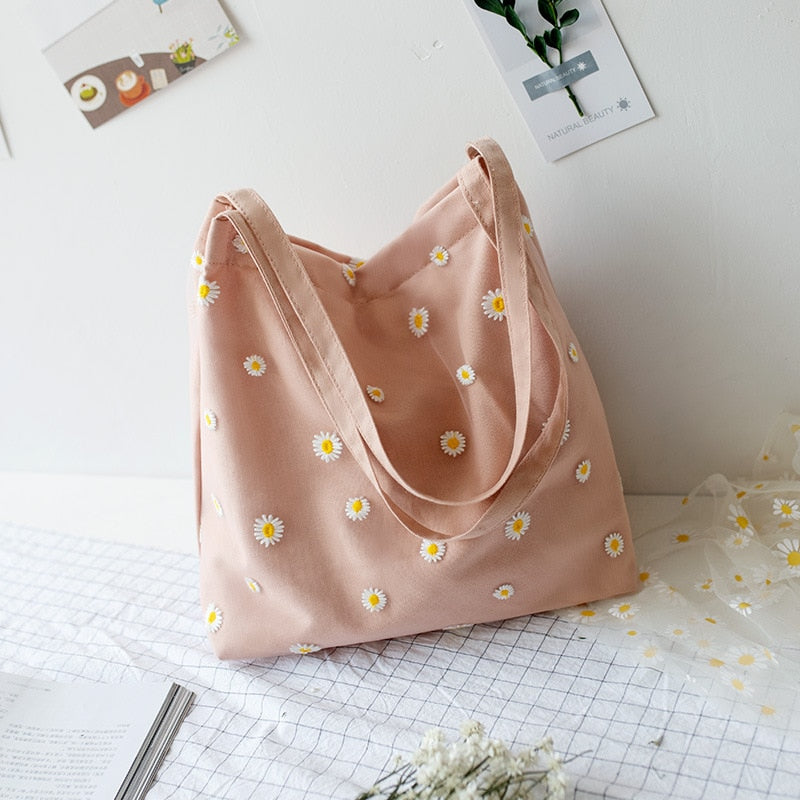Canvas Bags for Women 2022 Shopper Designer Handbag Girls Casual Embroidery with Daisy Crochet Small Cute Mesh Shoulder Tote Bag
