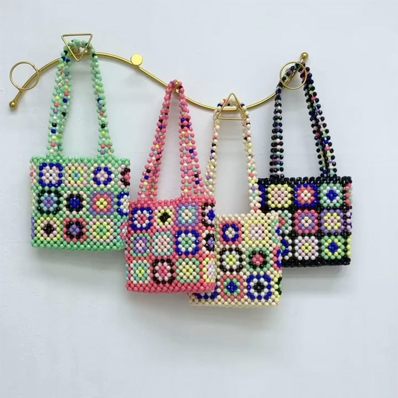 Mini Beaded Bags for Women Handmade Woven Handbag Candy Beading Pearl Lady Shoulder Bag 2022 Fashion Square Rainbow Girls Purses