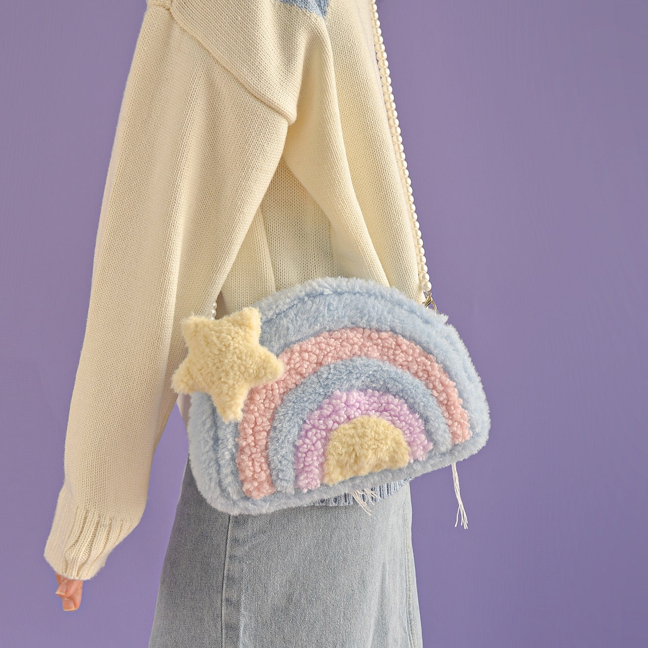 Rainbow Purses and Handbags for Women 2022 Plush Shopper Acrylic Chain Cloud Pendant Girls Pearl Wallets Shoulder Crossbody Bags