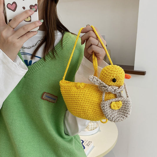 Children Vintage Shoulder Bag Creative Duck Shape Shoulder Bag Knit Hit Color Mini Messenger Bags Kids Gift