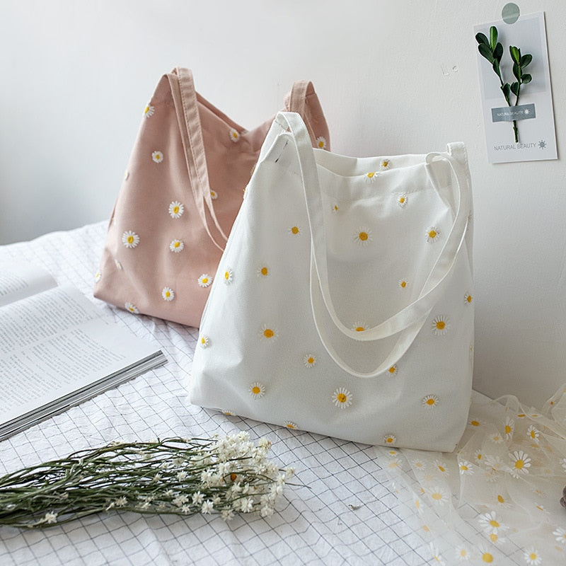 Canvas Bags for Women 2022 Shopper Designer Handbag Girls Casual Embroidery with Daisy Crochet Small Cute Mesh Shoulder Tote Bag