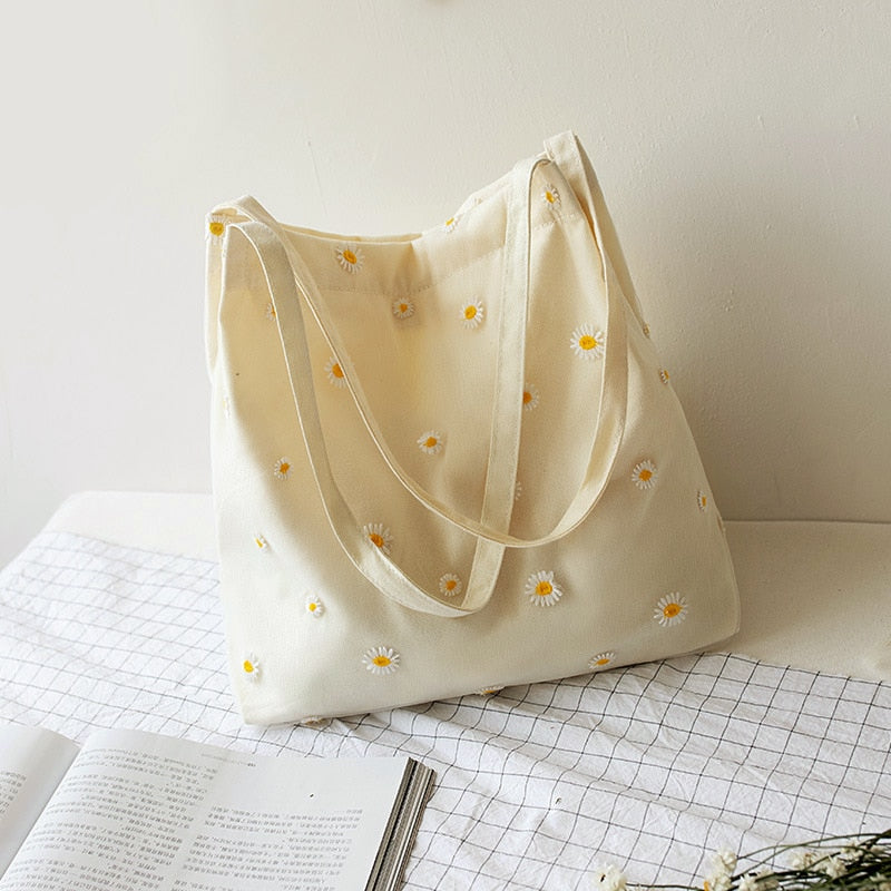 Canvas Bags for Women 2022 Shopper Designer Handbag Girls Casual Embroidery with Daisy Crochet Small Cute Mesh Shoulder Tote Bag