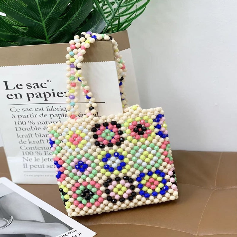 Mini Beaded Bags for Women Handmade Woven Handbag Candy Beading Pearl Lady Shoulder Bag 2022 Fashion Square Rainbow Girls Purses