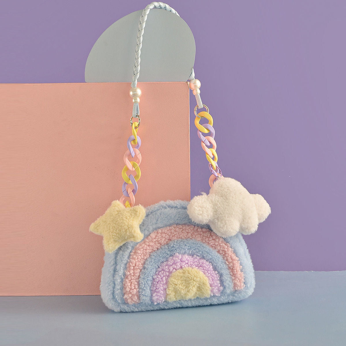Rainbow Purses and Handbags for Women 2022 Plush Shopper Acrylic Chain Cloud Pendant Girls Pearl Wallets Shoulder Crossbody Bags