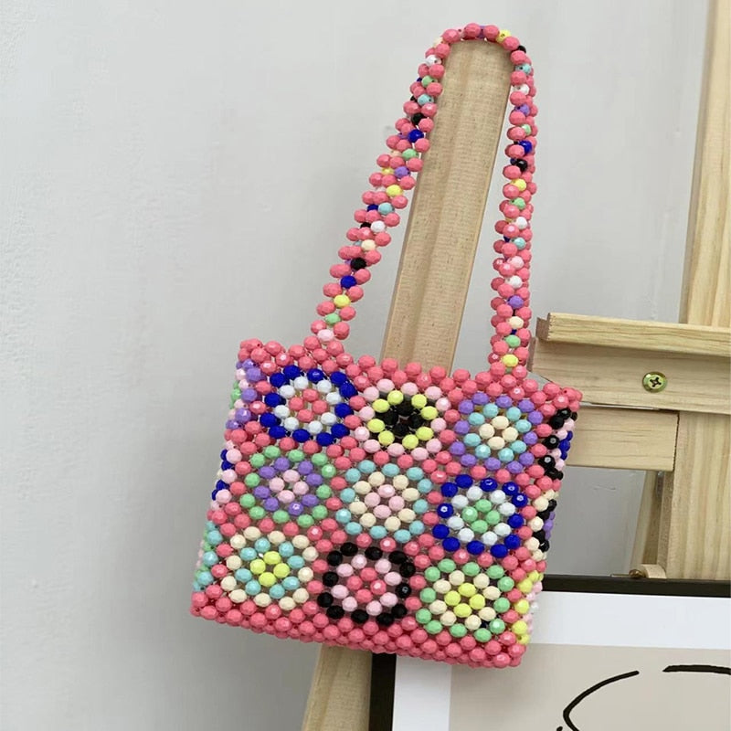 Mini Beaded Bags for Women Handmade Woven Handbag Candy Beading Pearl Lady Shoulder Bag 2022 Fashion Square Rainbow Girls Purses
